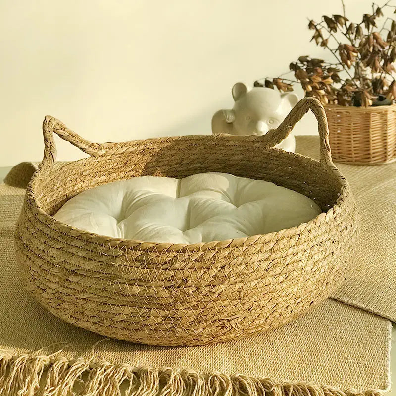 Woven Rattan Cat Bed - Removable Upholstery