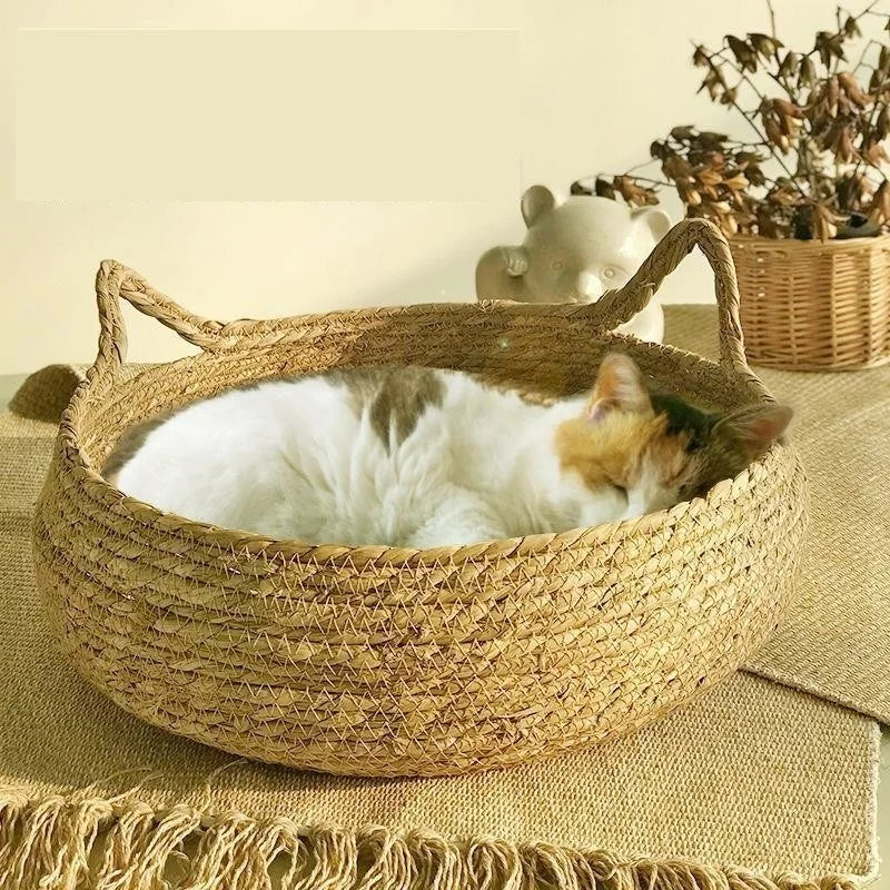 Woven Rattan Cat Bed - Removable Upholstery