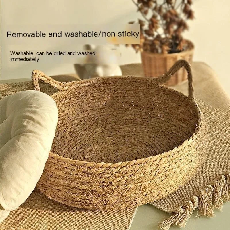 Woven Rattan Cat Bed - Removable Upholstery