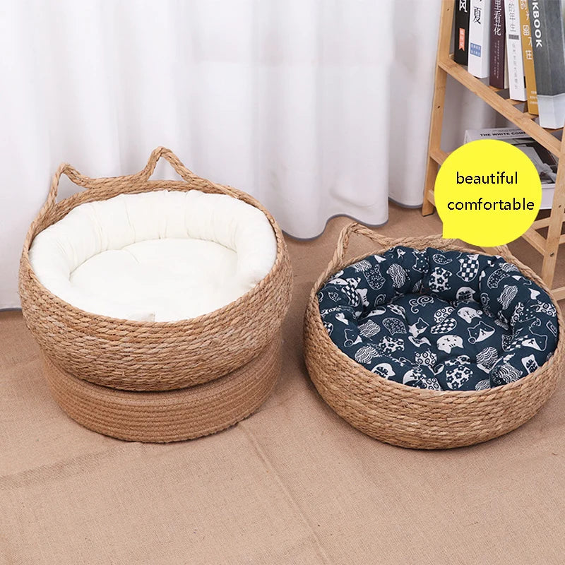 Woven Rattan Cat Bed - Removable Upholstery