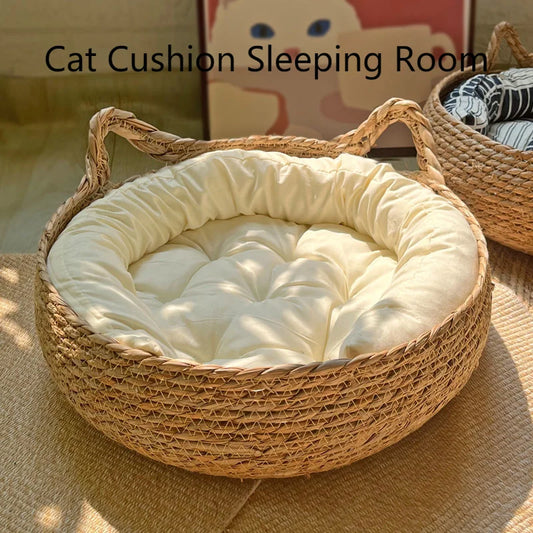 Woven Rattan Cat Bed - Removable Upholstery